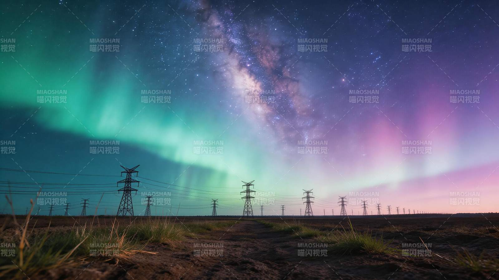 极光与银河下成排高压电塔夜景图片