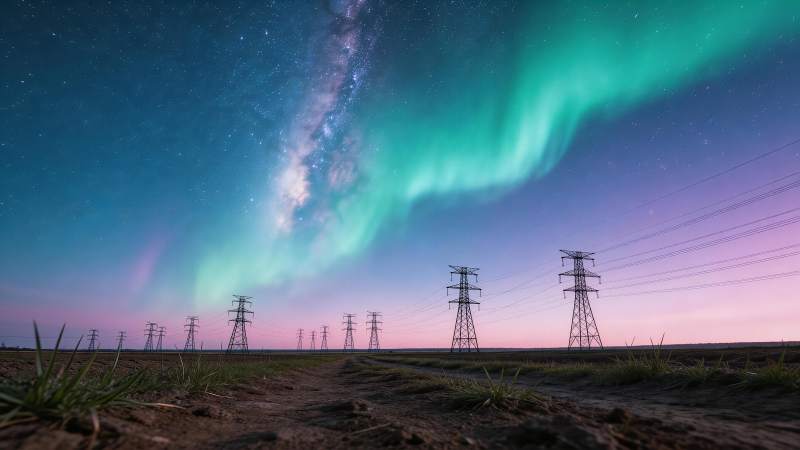 极光与银河下输电铁塔林立田野夜景图片