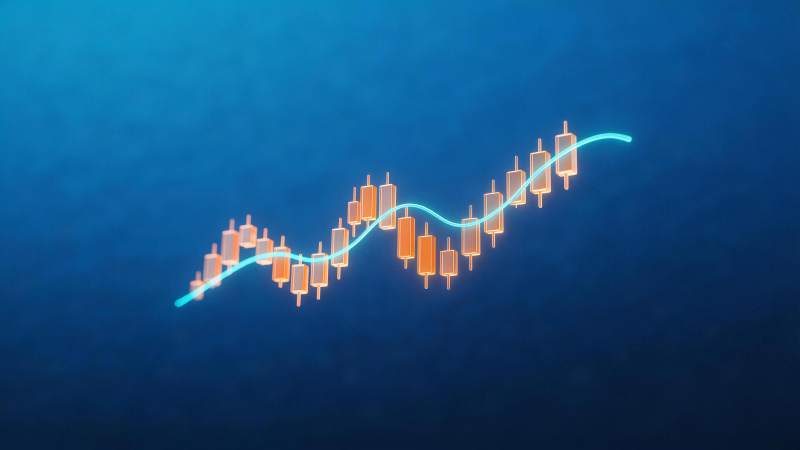 蓝色背景下的橙色K线图与上升趋势线图片