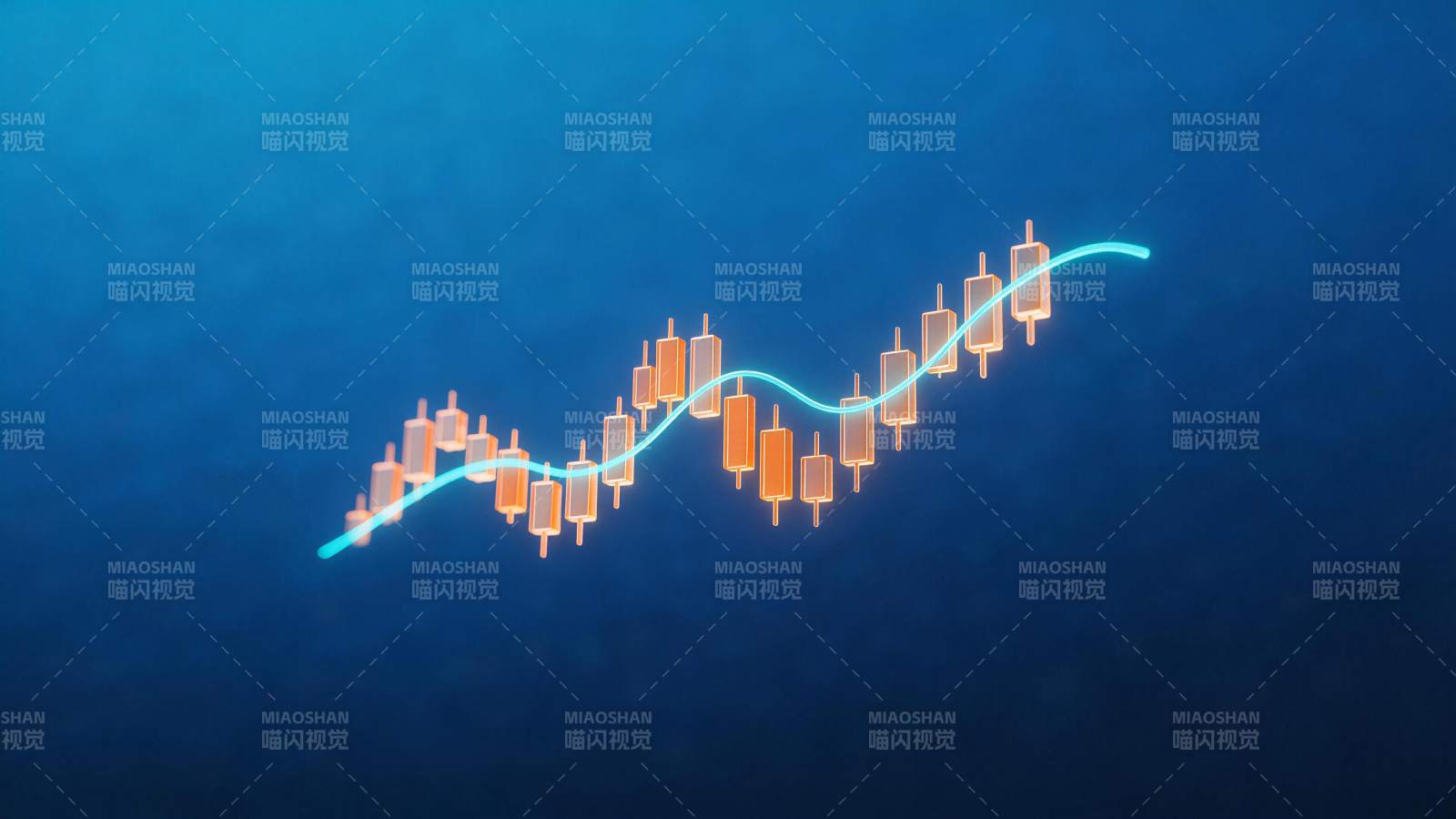 蓝色背景下的橙色K线图与上升趋势线图片
