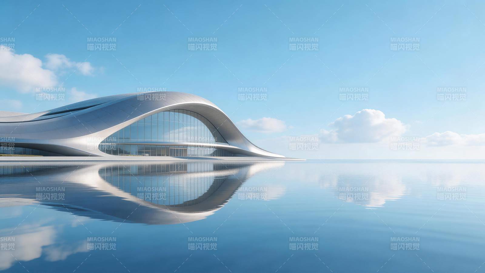 流线型现代建筑临水而建倒影清晰图片