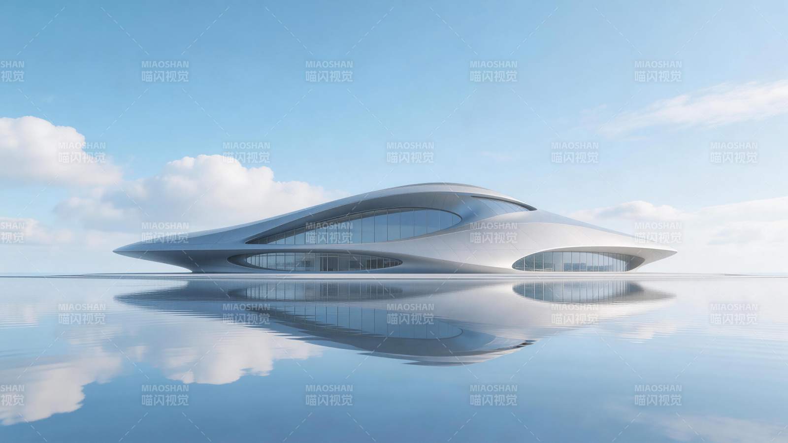 流线型未来主义建筑矗立于平静水面之上图片