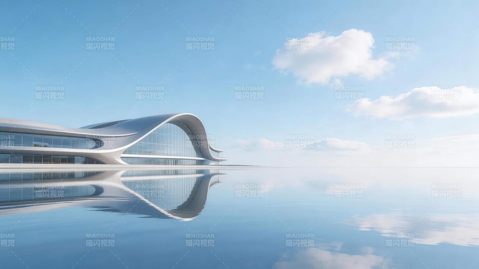 流线型现代建筑倒映在平静水面之上图片