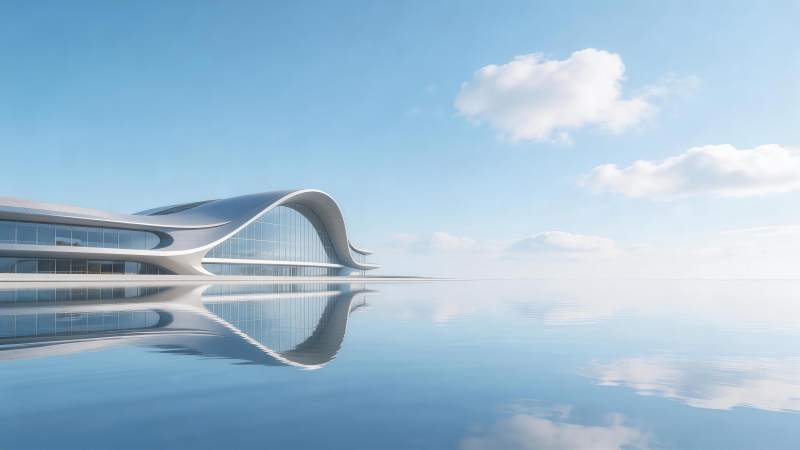 流线型现代建筑倒映在平静水面之上图片