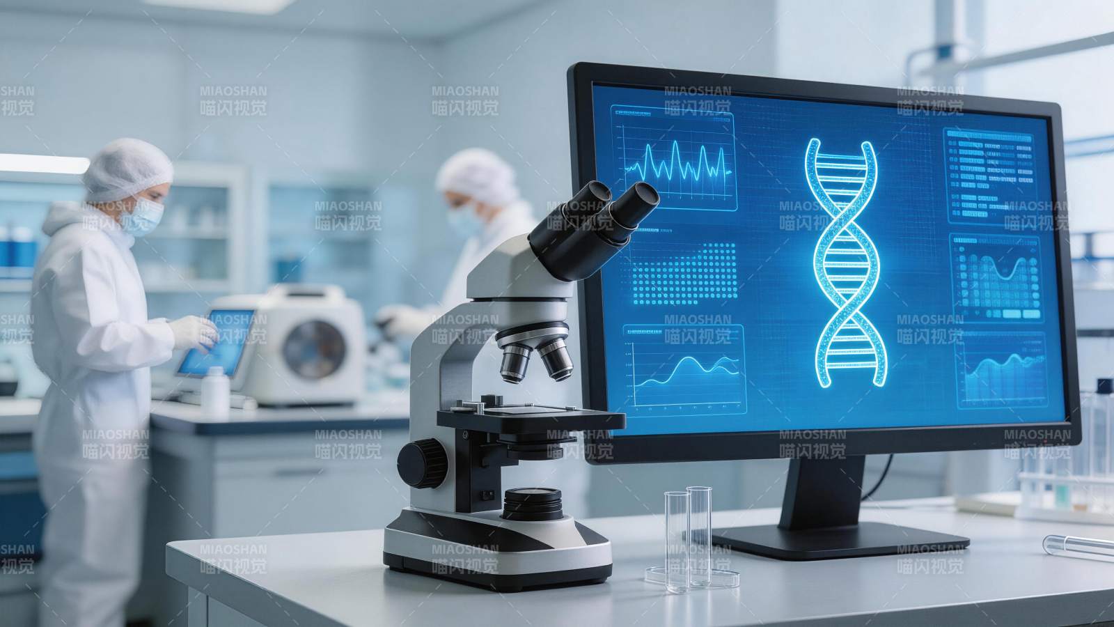 实验室显微镜与DNA双螺旋数据屏幕展示图片