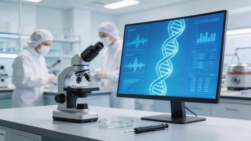 实验室中显微镜与DNA数据屏幕并置场景图片