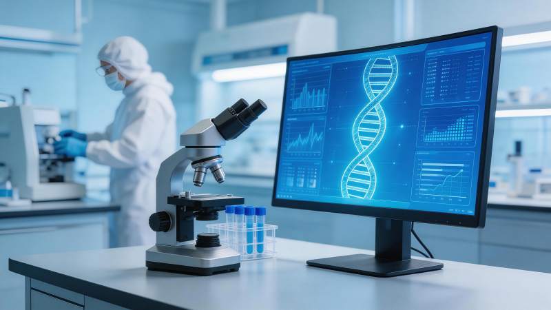 实验室中显微镜与DNA数据屏幕并置场景图片