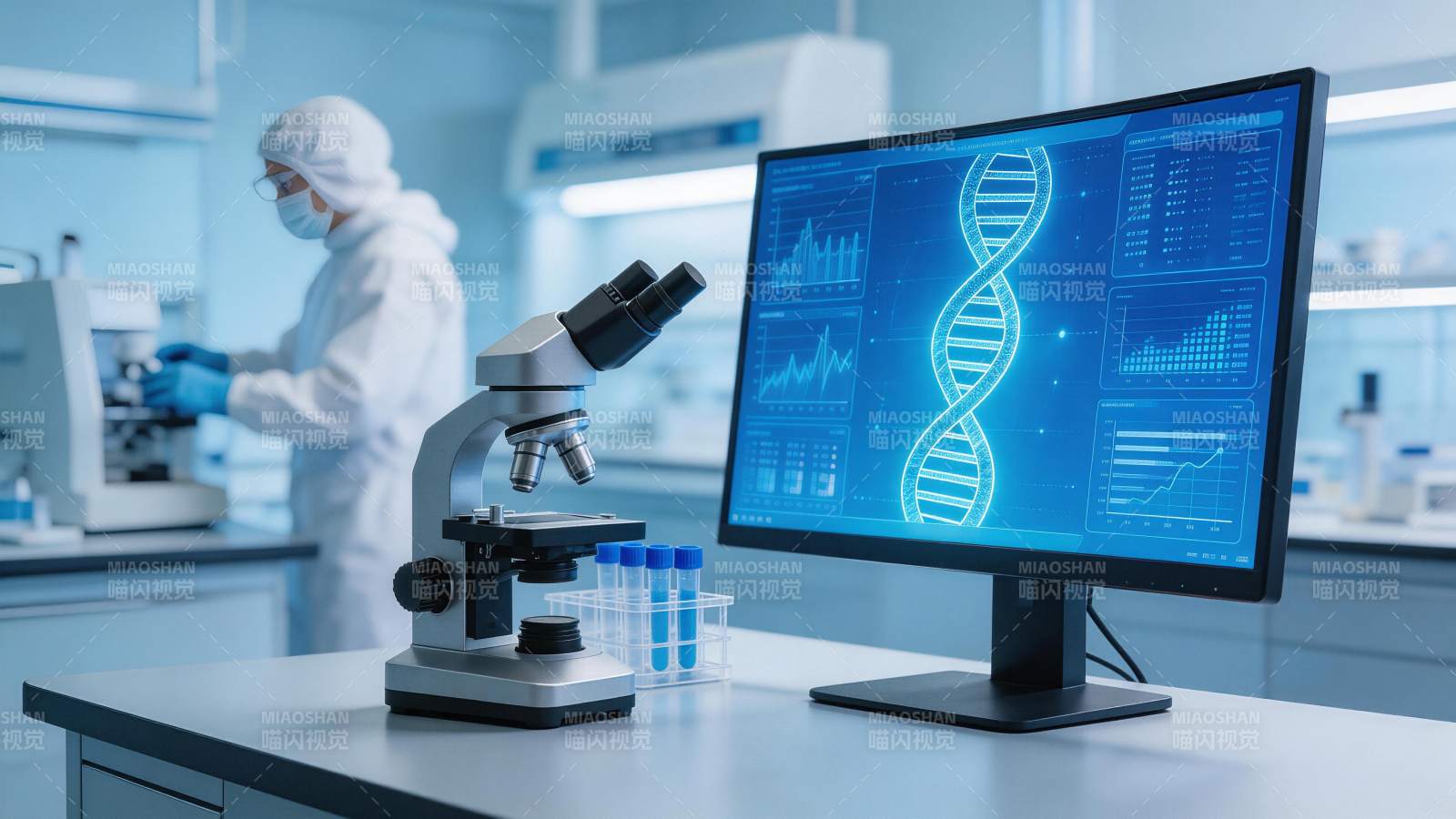 实验室中显微镜与DNA数据屏幕并置场景图片