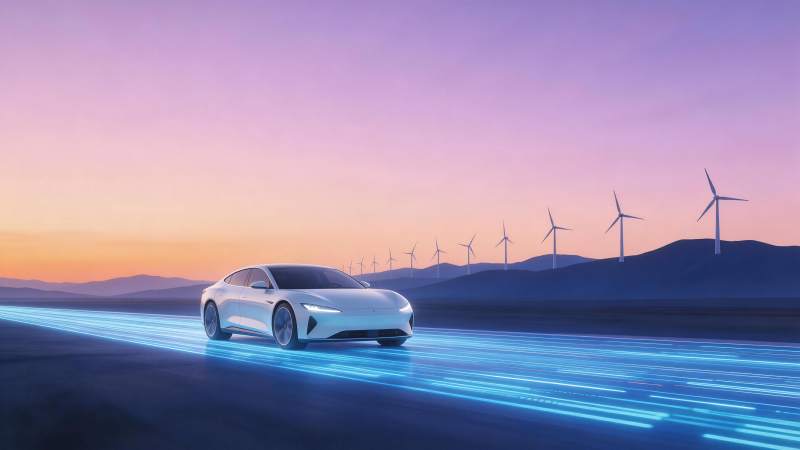 白色电动轿车行驶在发光道路上背景风力发电图片