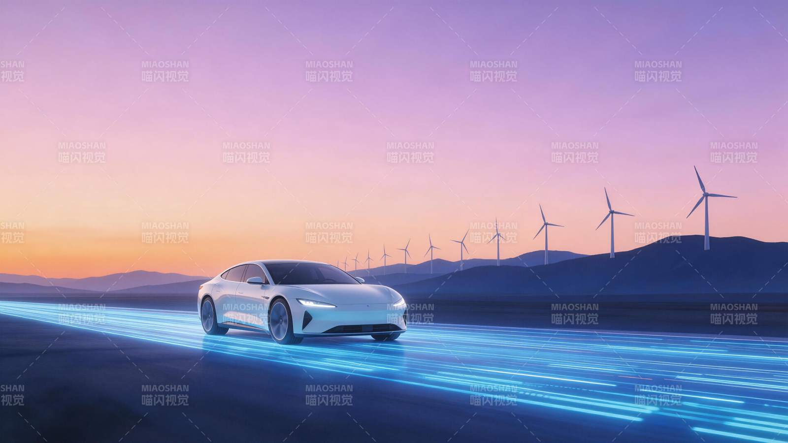 白色电动轿车行驶在发光道路上背景风力发电图片