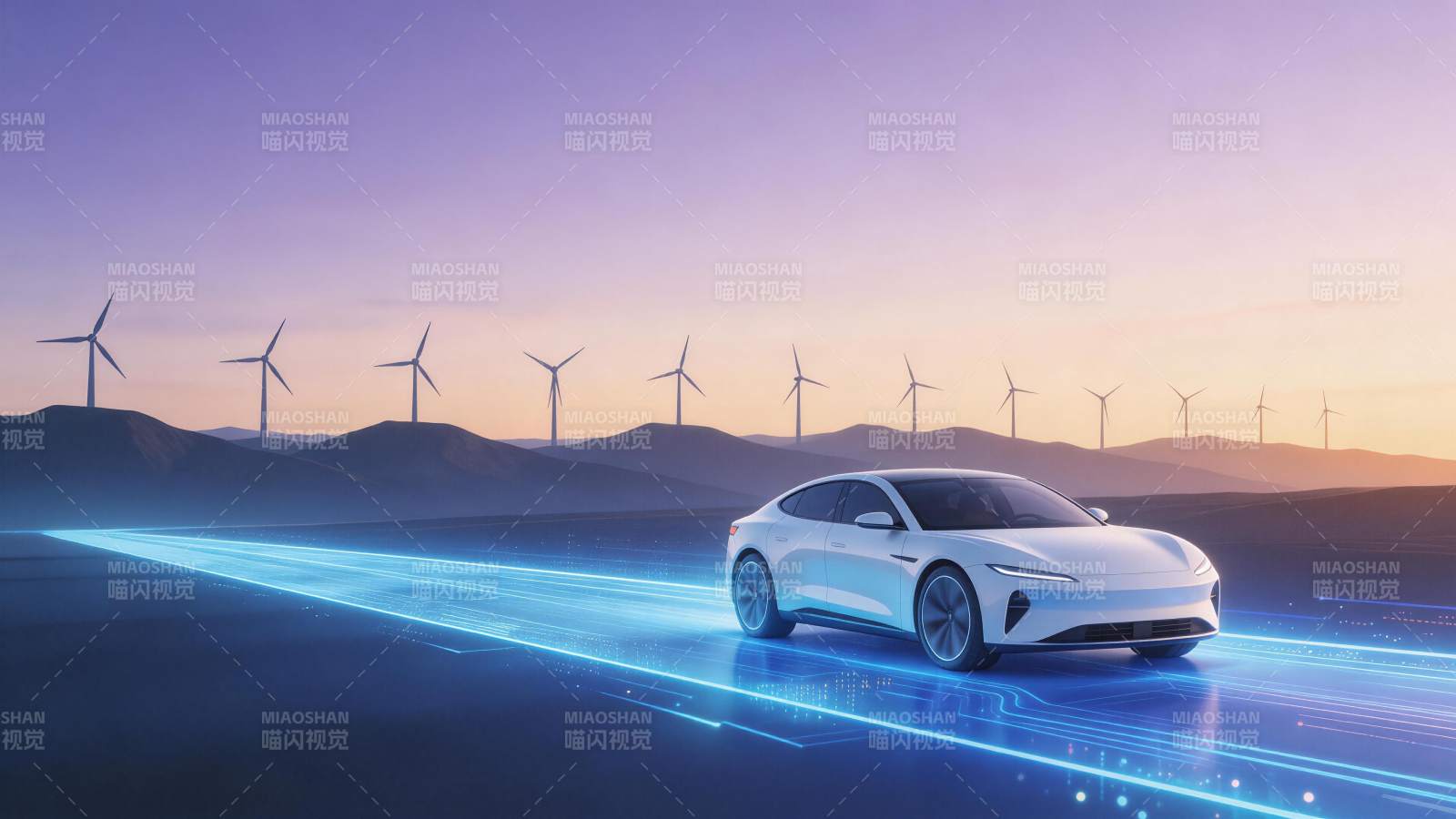 白色新能源轿车行驶在发光道路上背景风力发图片