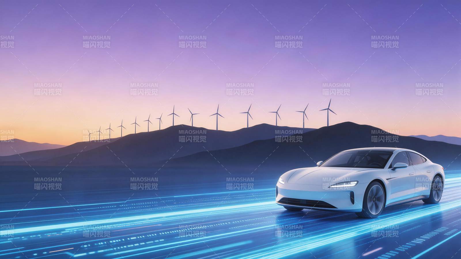 白色电动轿车行驶在科技光轨道路上图片