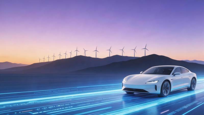 白色电动轿车行驶在科技光轨道路上图片