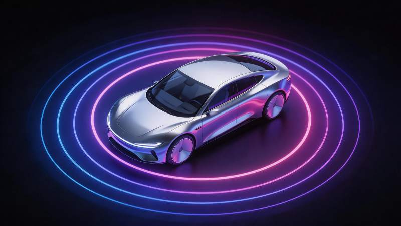 银色未来感轿车环绕霓虹光圈展示图片