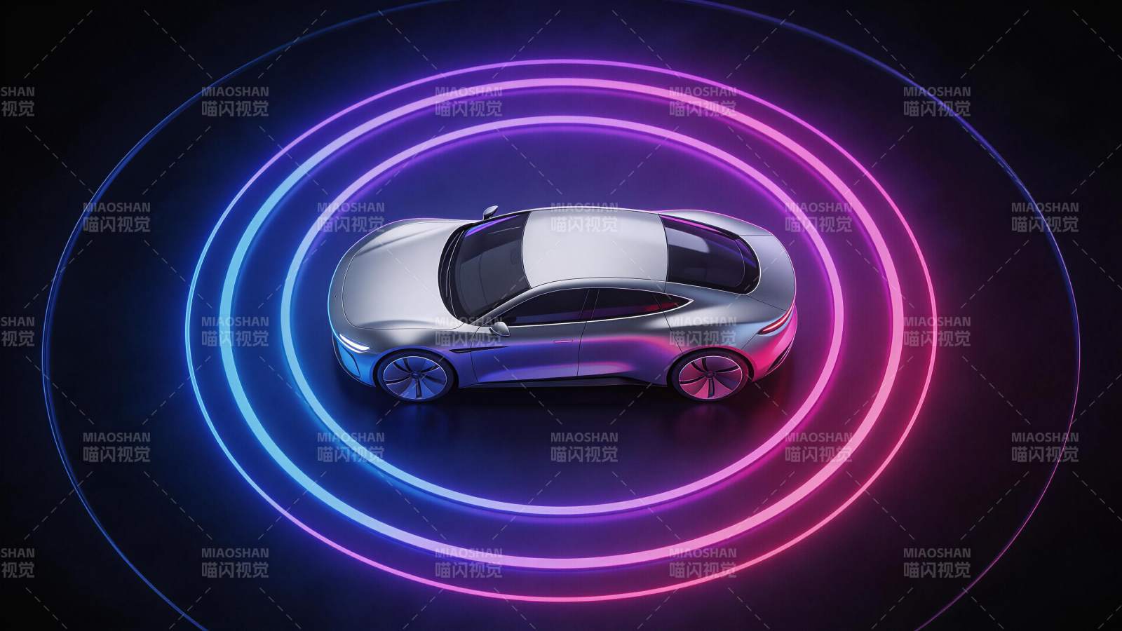 银色概念轿车被蓝紫霓虹光环环绕展示图片