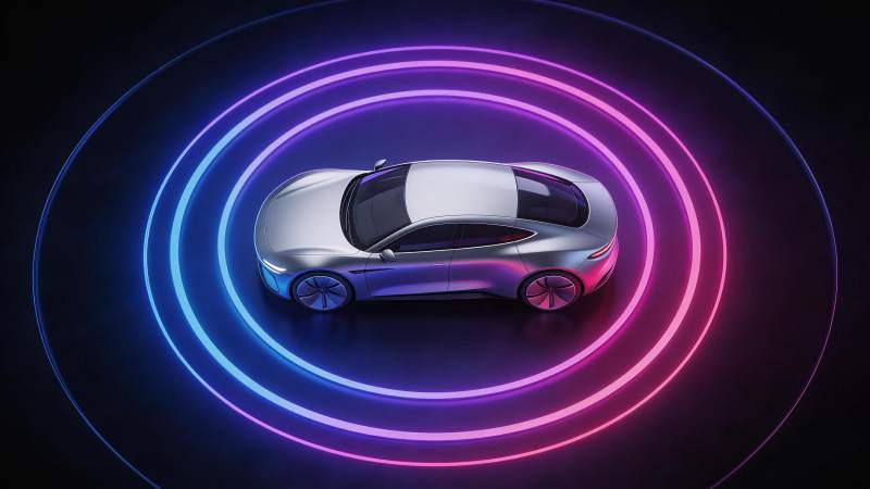 银色概念轿车被蓝紫霓虹光环环绕展示图片
