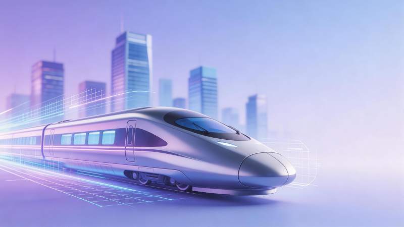 银色高速列车疾驰于未来城市背景中图片