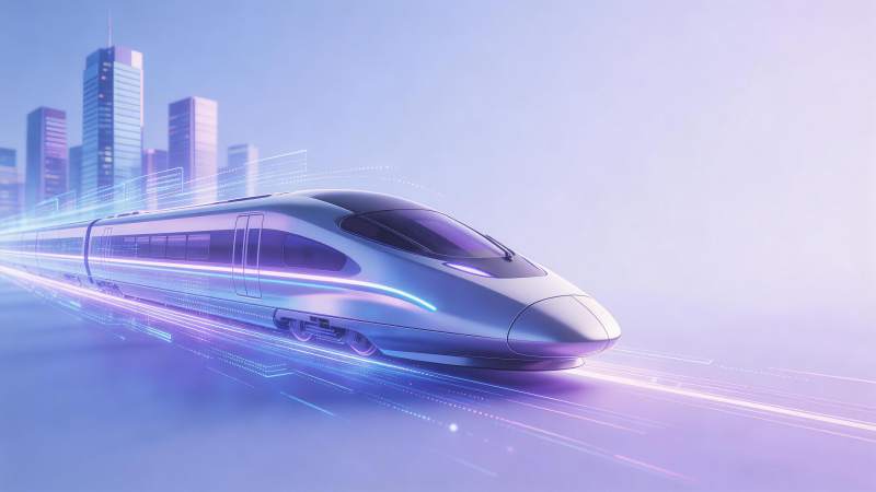 高速列车疾驰于城市天际线背景中图片