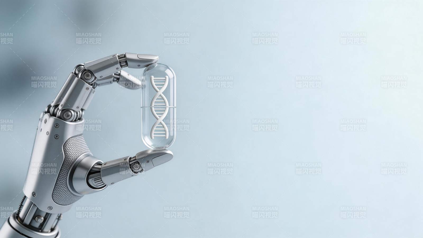 机械手臂握持含DNA双螺旋结构的透明药丸图片