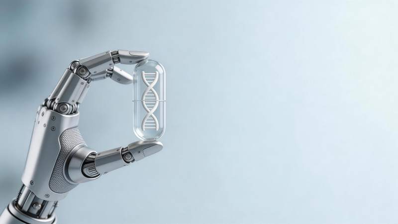 机械手臂握持含DNA双螺旋结构的透明药丸图片