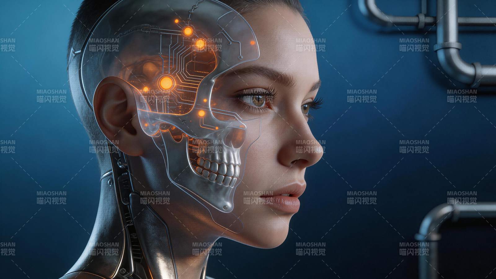 半机械人头部透视展示神经电路与骨骼结构图片