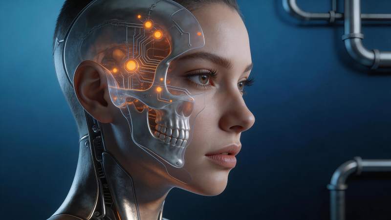 半机械人头部透视展示神经电路与骨骼结构图片