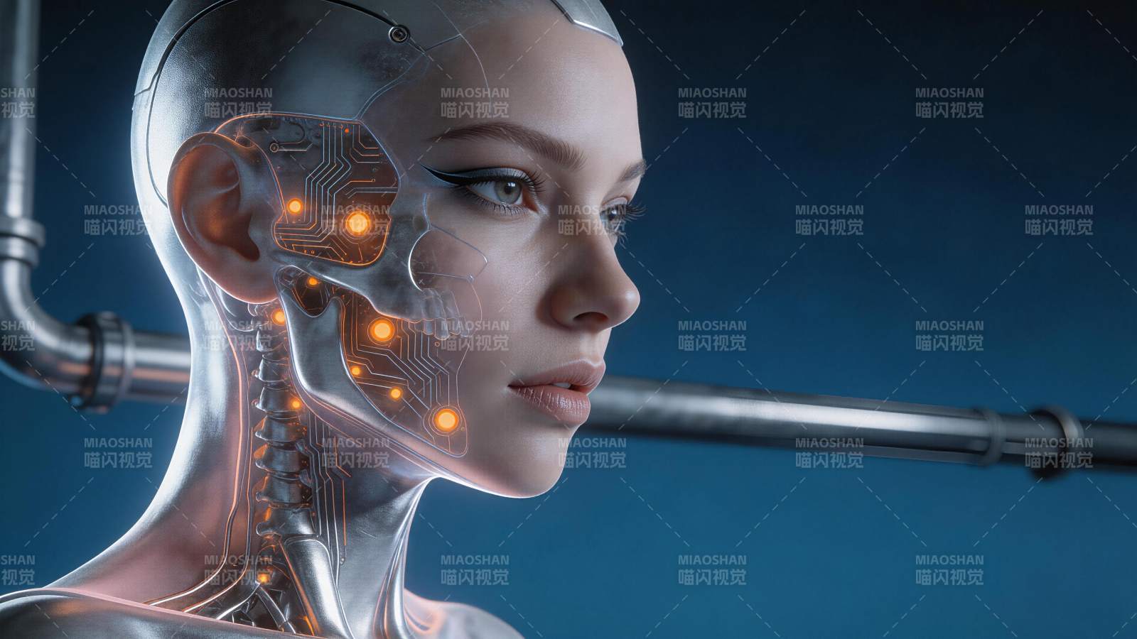 金属机器人女性半透明头颅内部电路结构特写图片