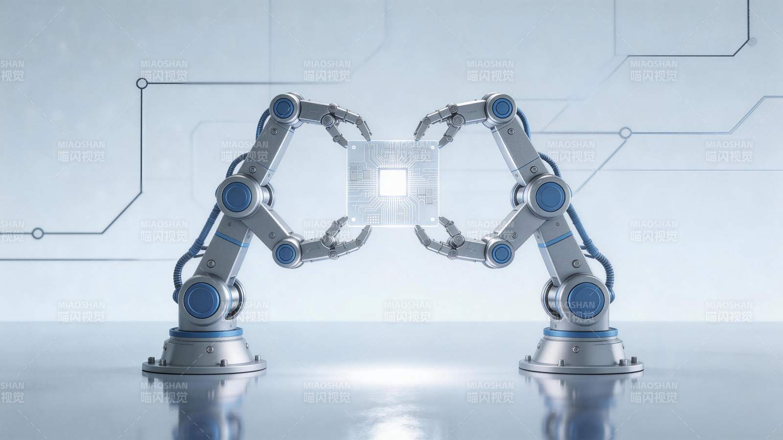 双机械臂协同操作发光芯片的科技场景图片