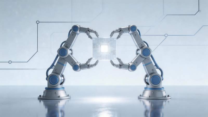 双机械臂协同操作发光芯片的科技场景图片