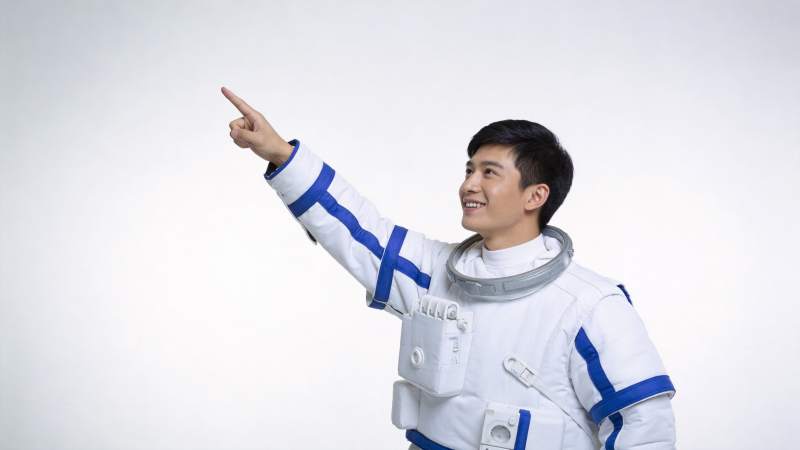 身穿白色宇航服男子指向右上方微笑图片