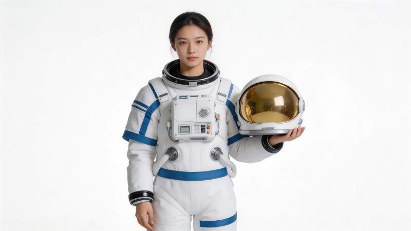 女宇航员手持头盔站立白色背景前图片