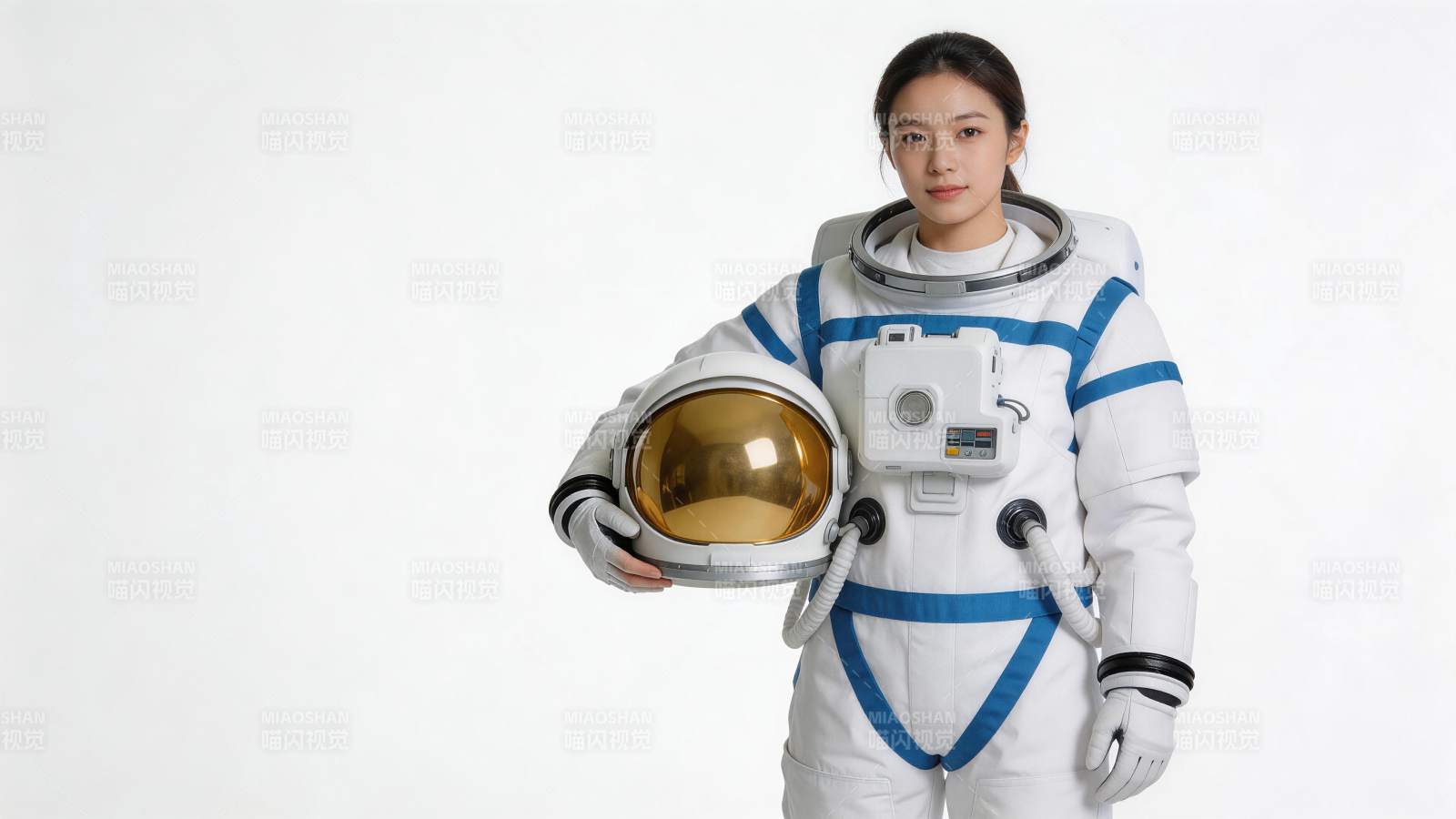 女性宇航员手持头盔站立于纯白背景前图片