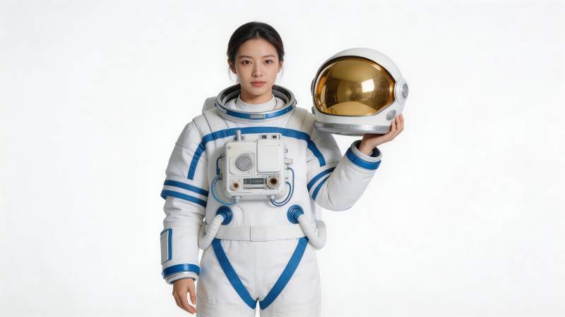 女性宇航员手持头盔站立于纯白背景前图片