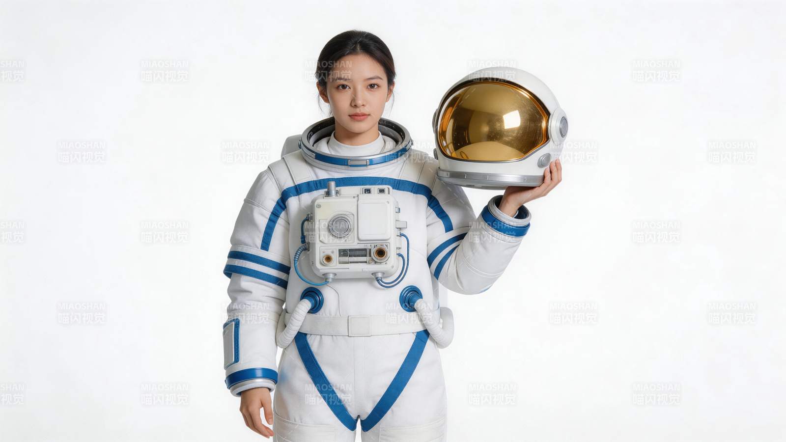 女性宇航员手持头盔站立于纯白背景前图片
