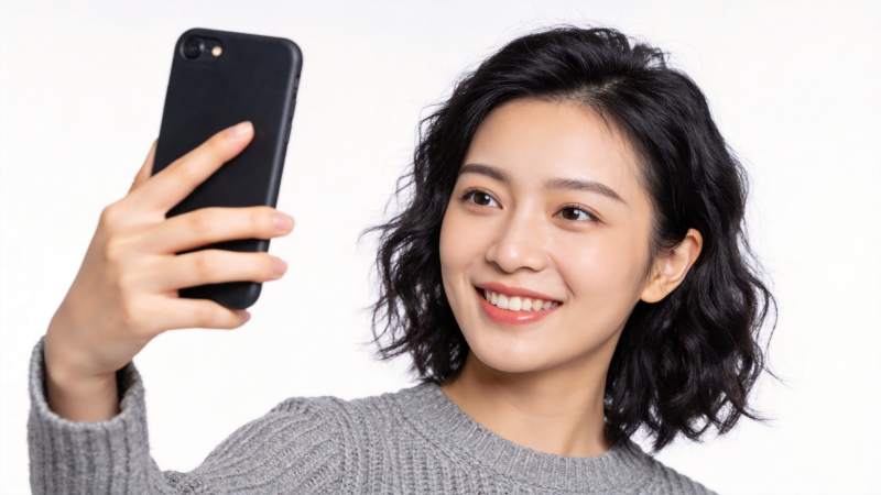 年轻女性手持黑色手机自拍微笑图片