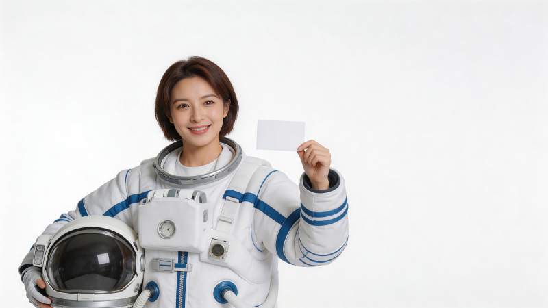 女宇航员手持白卡面带微笑展示太空服图片