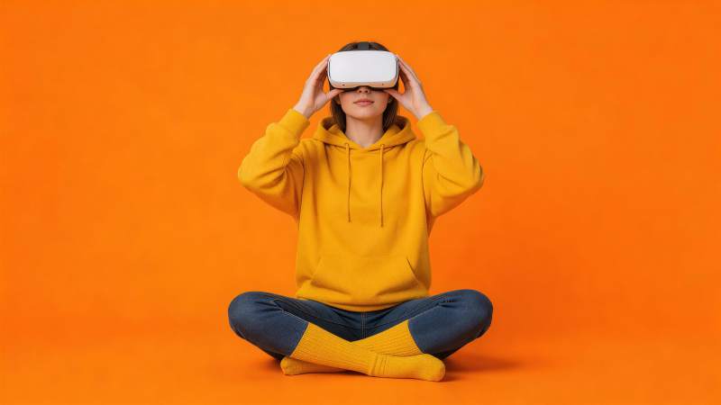 穿黄色卫衣的人戴VR眼镜盘腿坐橙色背景前图片