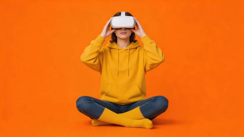 女子盘坐佩戴白色VR头显体验虚拟现实图片