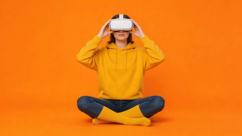 女子盘坐佩戴白色VR头显沉浸体验图片