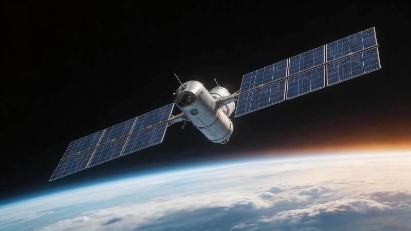 空间站悬浮地球轨道上方太阳光照耀图片