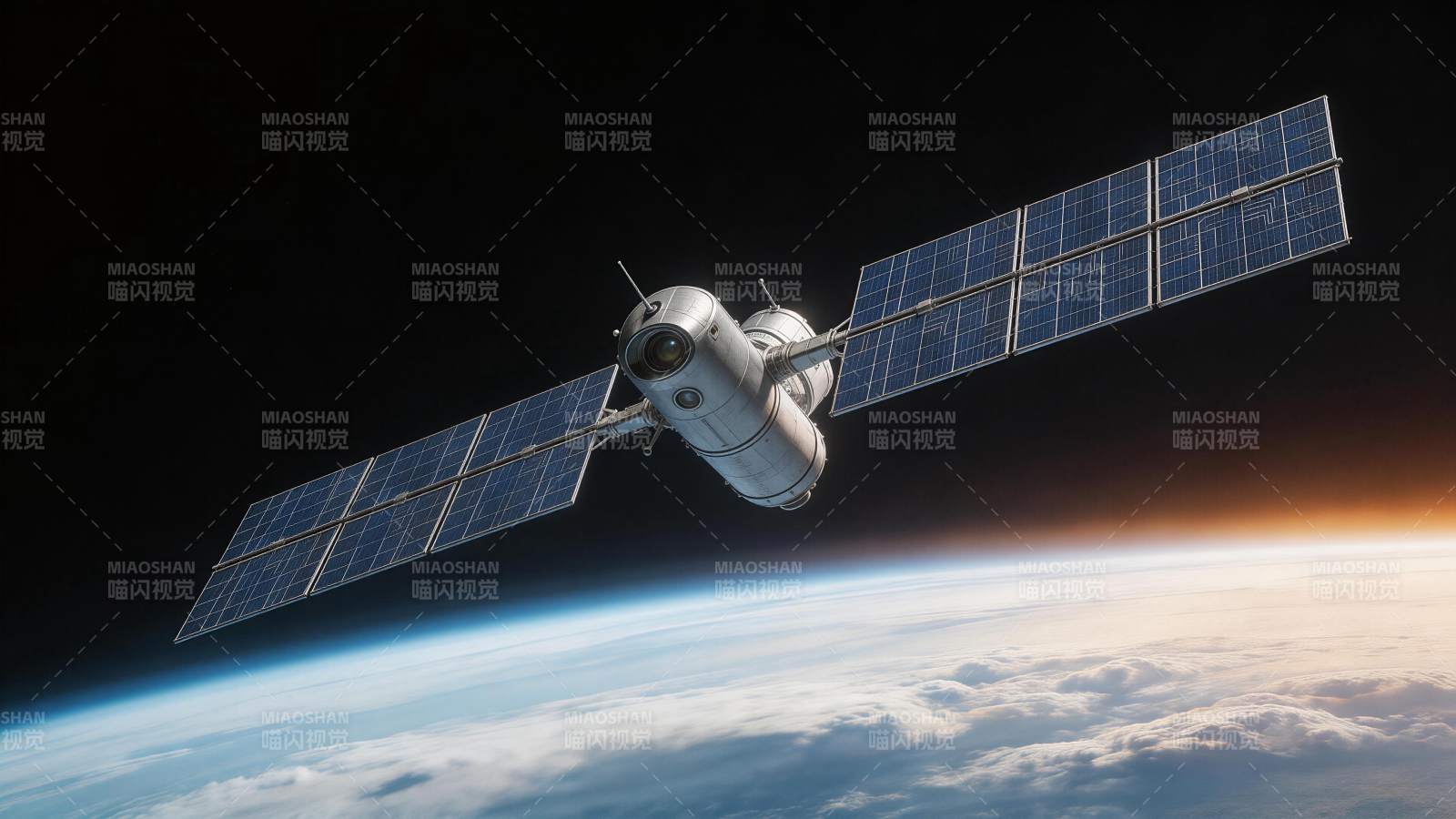 空间站悬浮地球轨道上方太阳光照耀图片