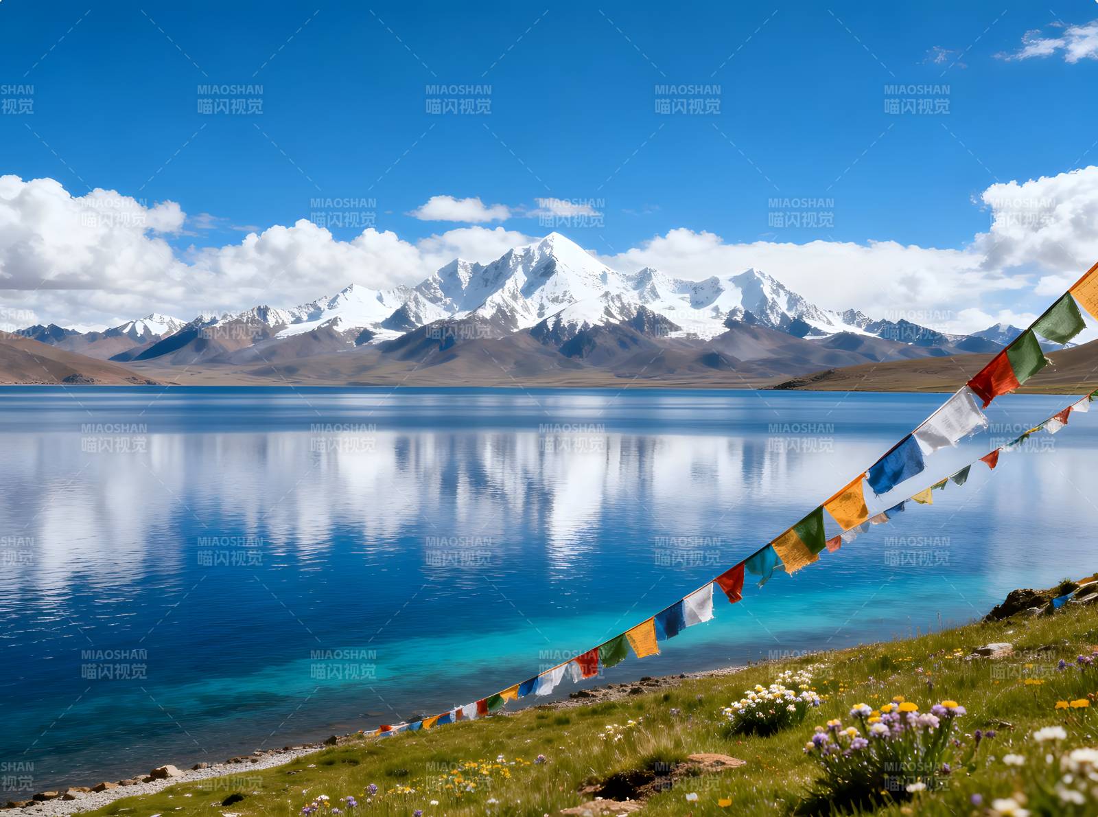 雪山湖畔祈福旗图片