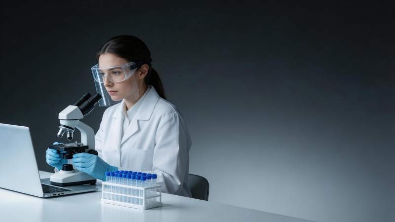 科研人员佩戴护目镜操作显微镜进行实验分析图片