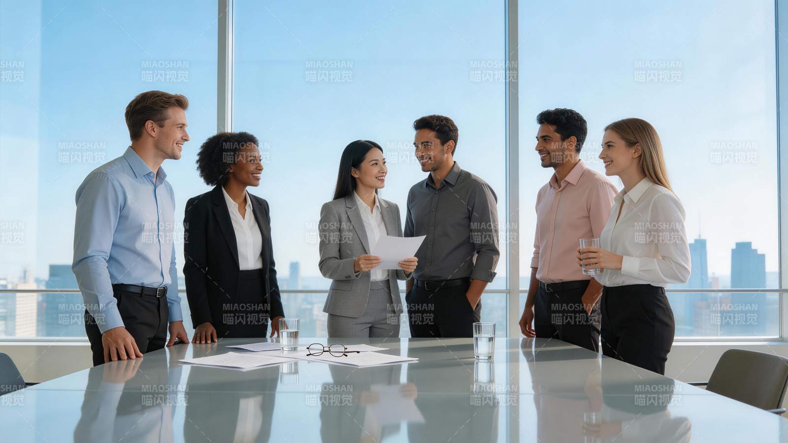 六位职场人士在明亮会议室讨论文件图片