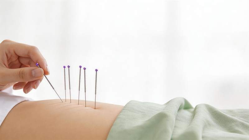 手部操作银针进行腹部针灸治疗图片