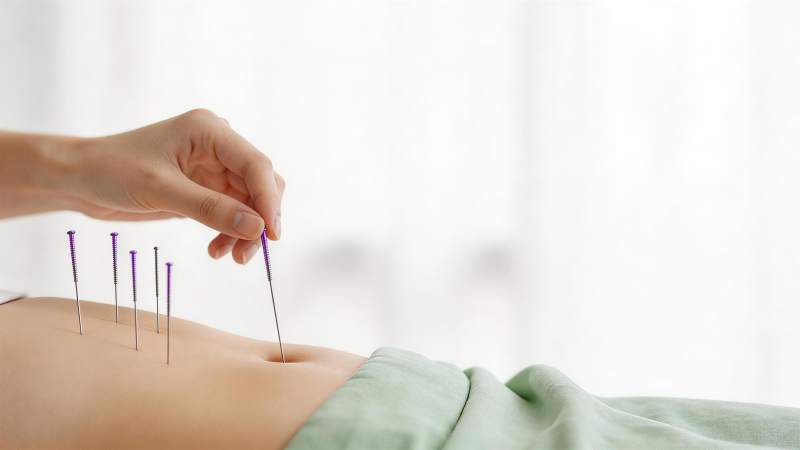 医生正在为患者腹部进行针灸治疗操作图片