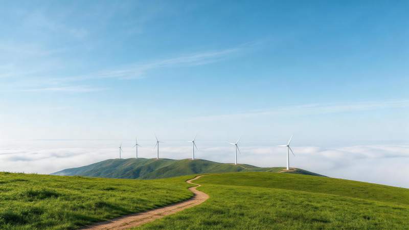 绿色山丘上排列的风力发电机群景图片