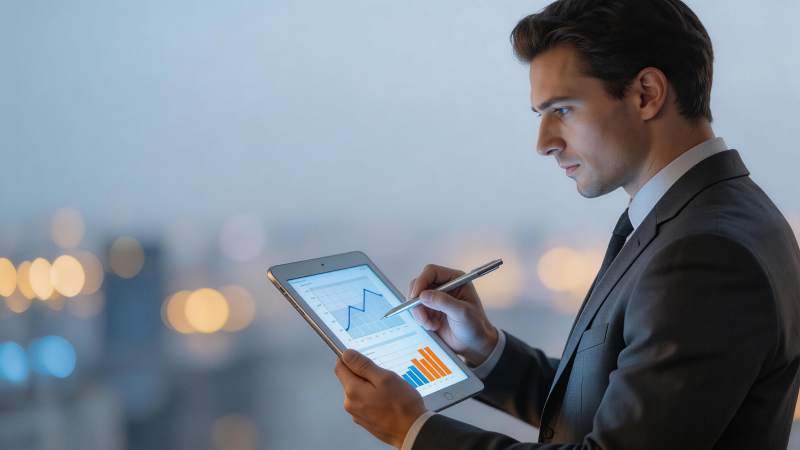 商务人士手持平板分析数据图表图片
