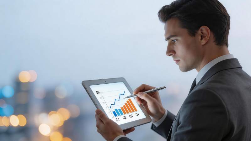 商务人士手持平板分析季度财务图表数据图片