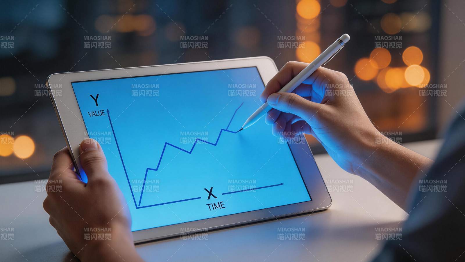 手持平板绘制折线图表分析数据趋势图片